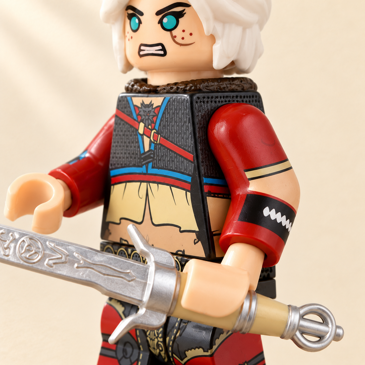 Red sleeve and wrist printing — White-Haired Swordfighter MOC Minifigure