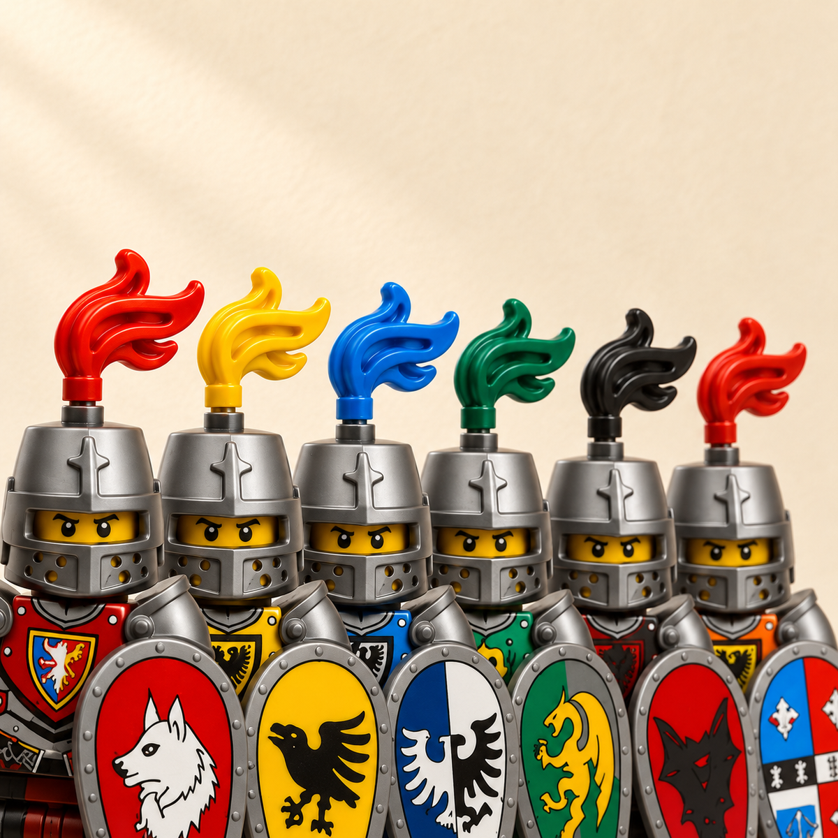 Colorful helmet plumes — Medieval Knight MOC Minifigure Set — 6 Figures