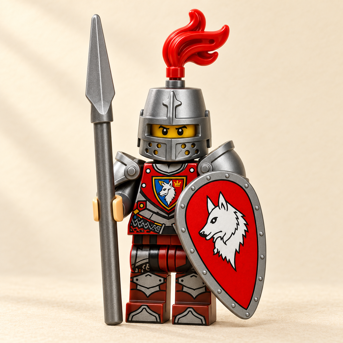 Red wolf-emblem shield — Medieval Knight MOC Minifigure Set — 6 Figures