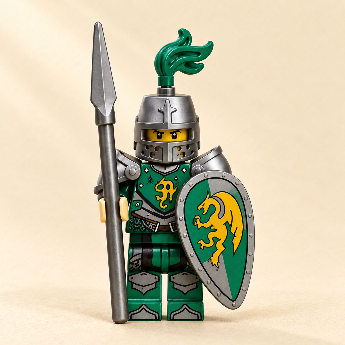 Green dragon-emblem shield — Medieval Knight MOC Minifigure Set — 6 Figures