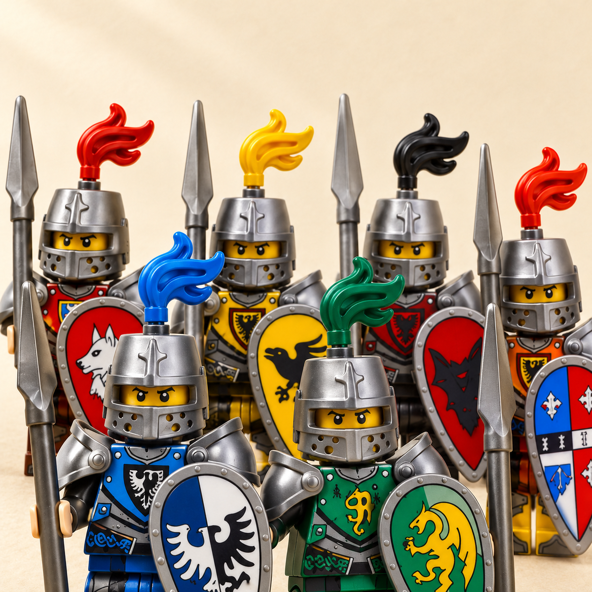 Helmet visor and armor details — Medieval Knight MOC Minifigure Set — 6 Figures