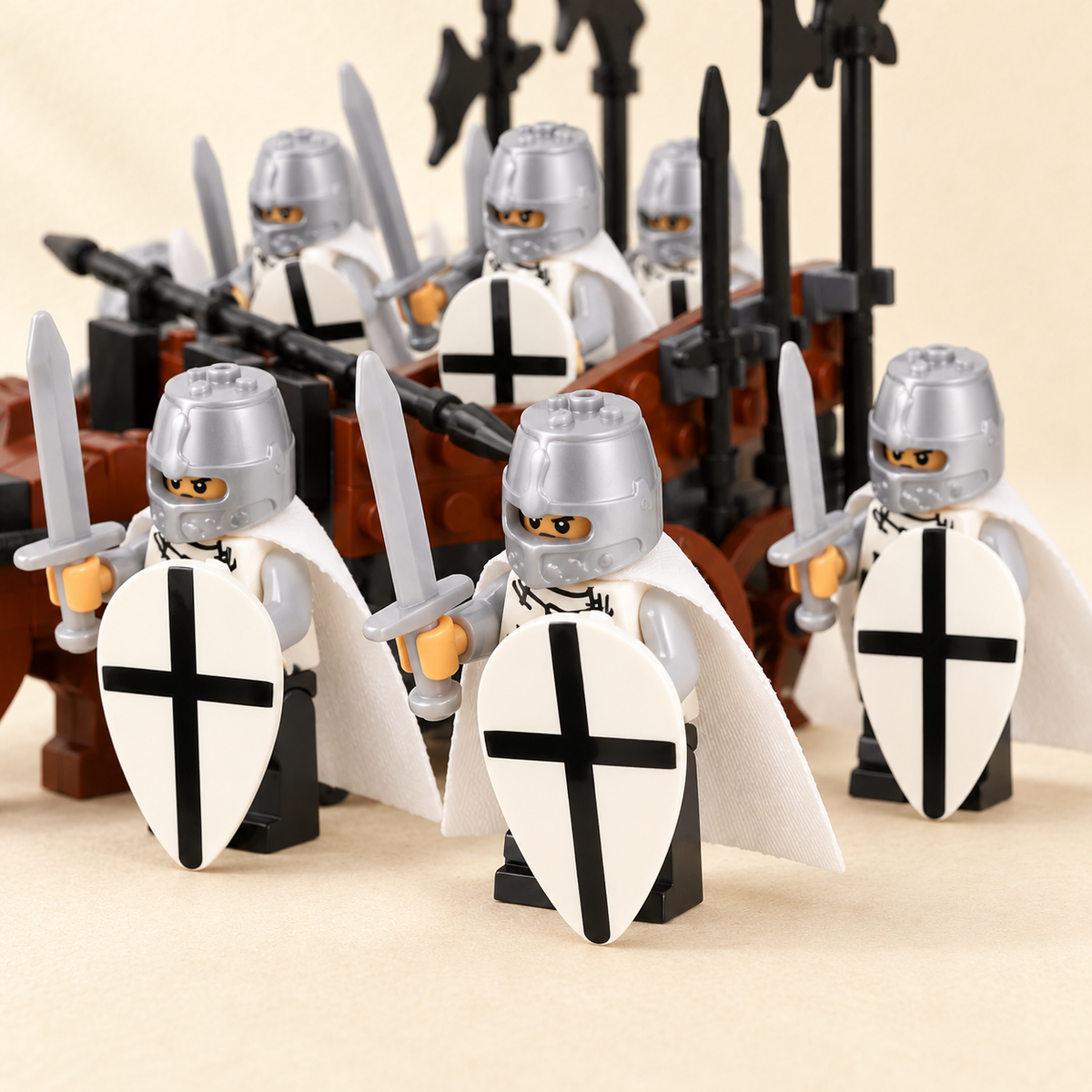Black-cross white shields — White Knight Wagon MOC Display Set — 12 Figures
