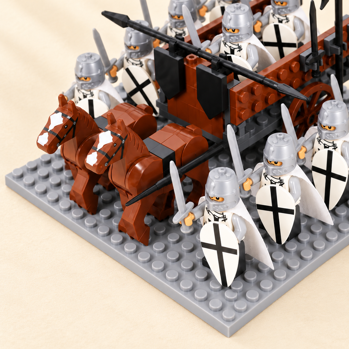 Gray studded display base — White Knight Wagon MOC Display Set — 12 Figures