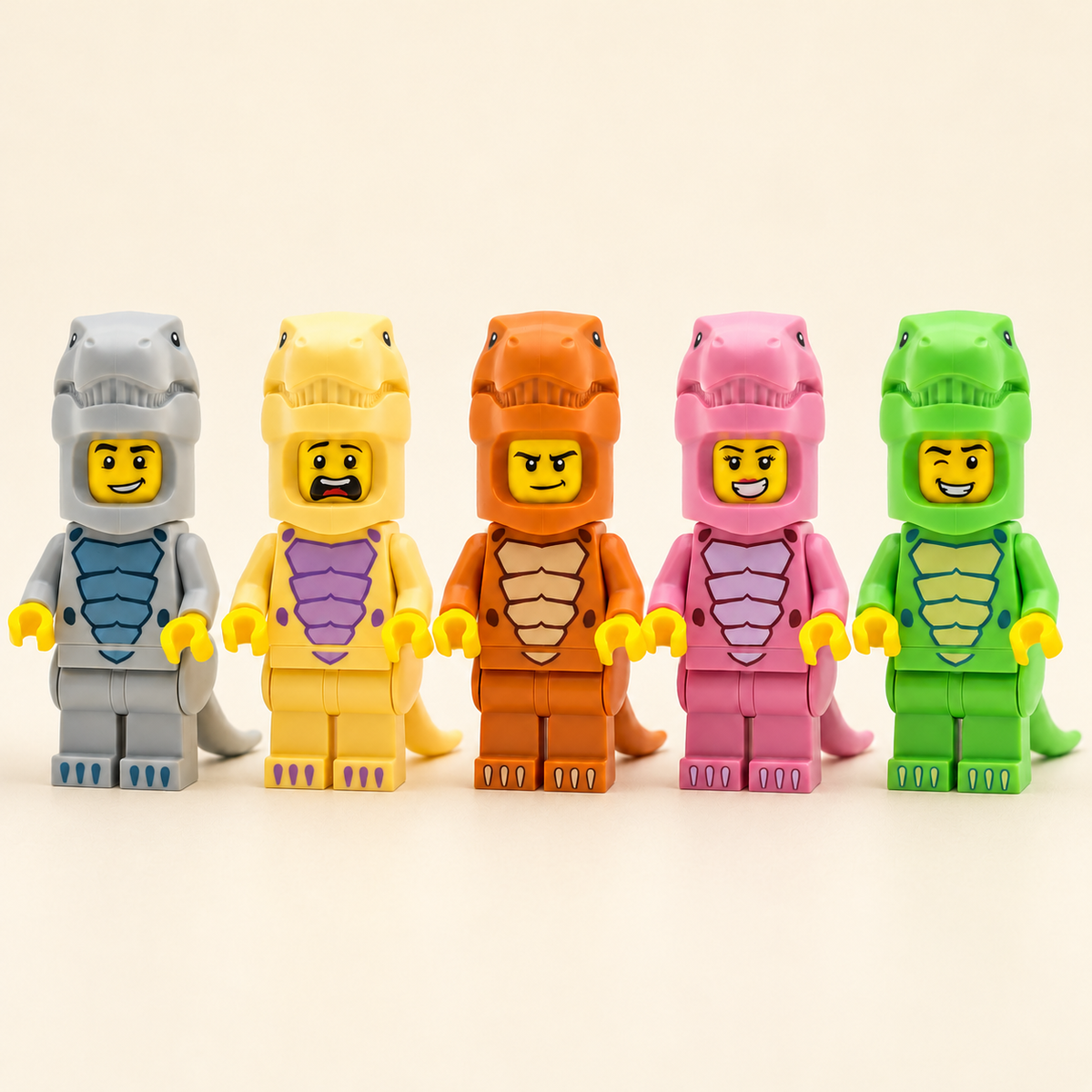 Five dinosaur costumes together — T-Rex Costume MOC Minifigure Set — 5 Figures