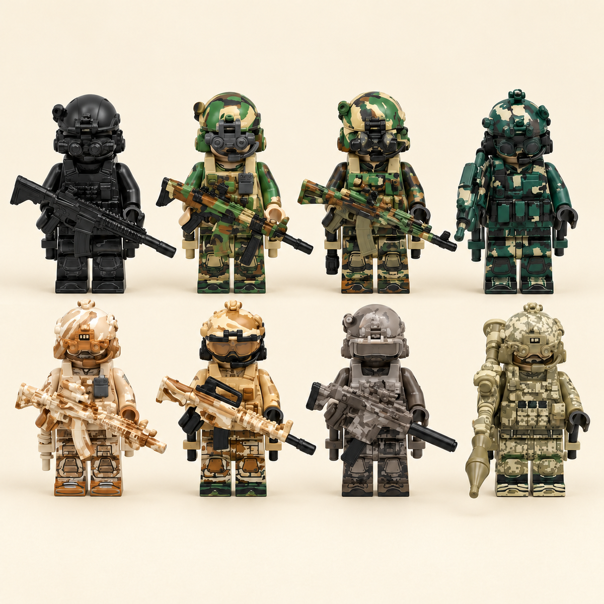 Eight soldier-style figures together — Military Soldier Mini Figure Set — 8 Figures
