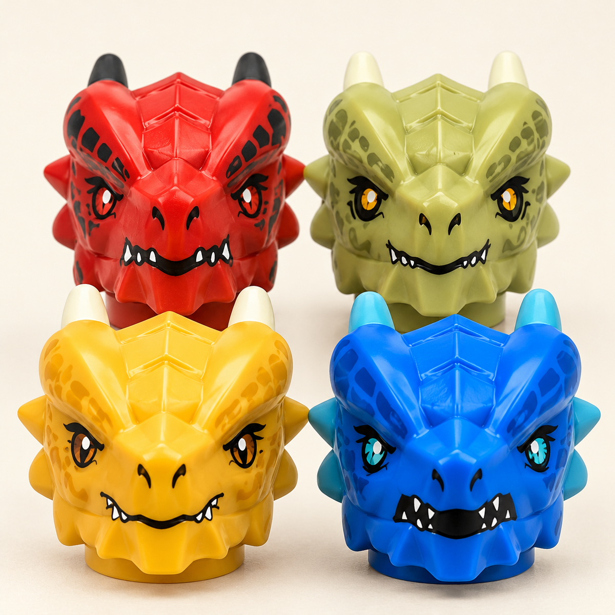 Four dragon-head designs — Knight & Dragon Warrior MOC Minifigure Set — 10 Figures
