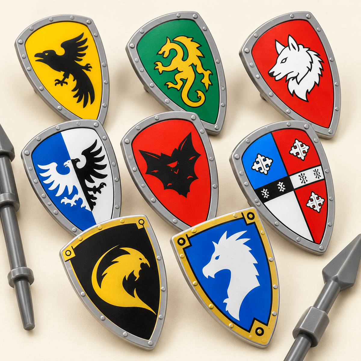 Different decorated shields — Knight & Dragon Warrior MOC Minifigure Set — 10 Figures