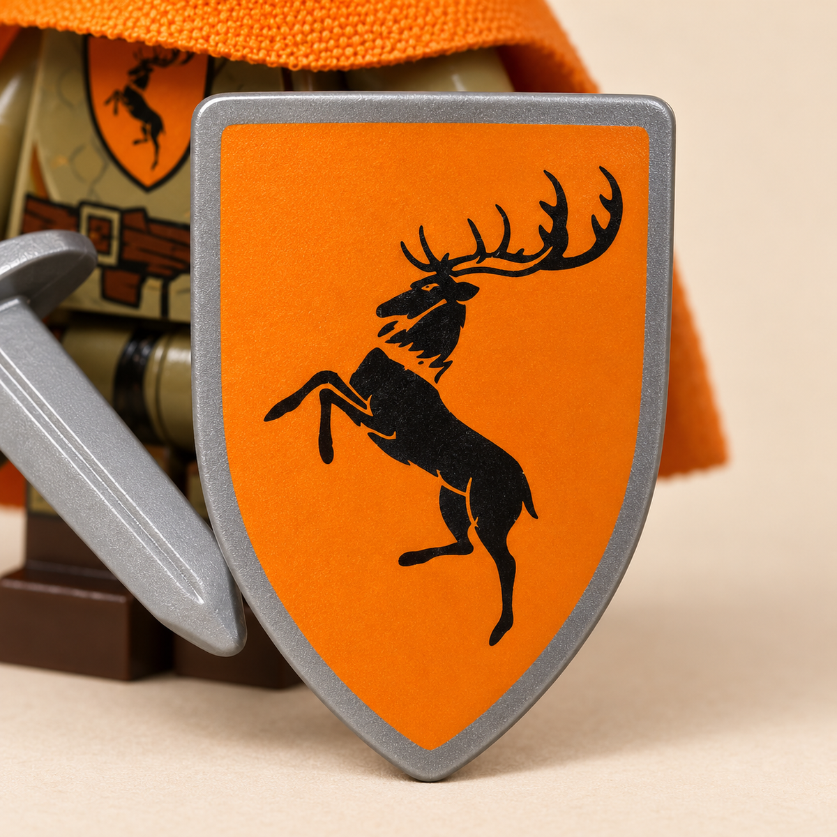 Stag-emblem shields — Orange-Cloaked King & Guard MOC Minifigure Set — 13 Figures