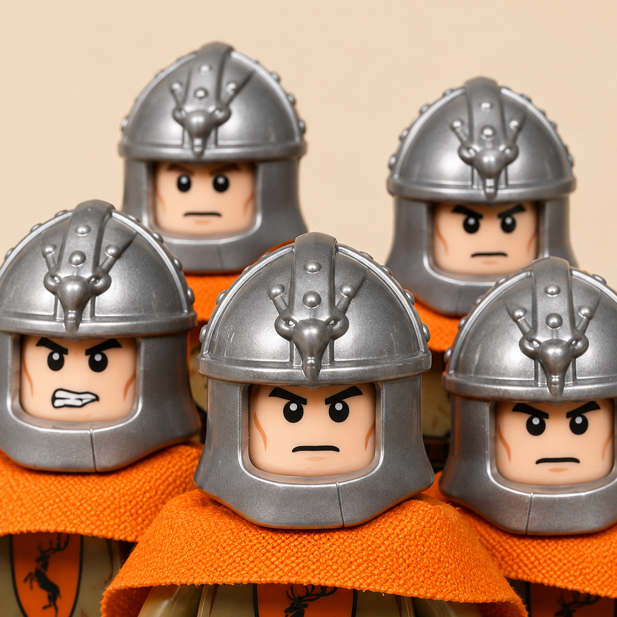 Silver-colored helmets — Orange-Cloaked King & Guard MOC Minifigure Set — 13 Figures