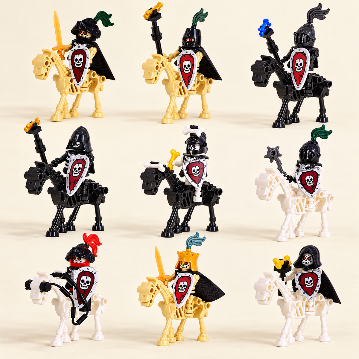 Nine mounted skeleton designs — Skeleton Knight & Bone Horse MOC Set