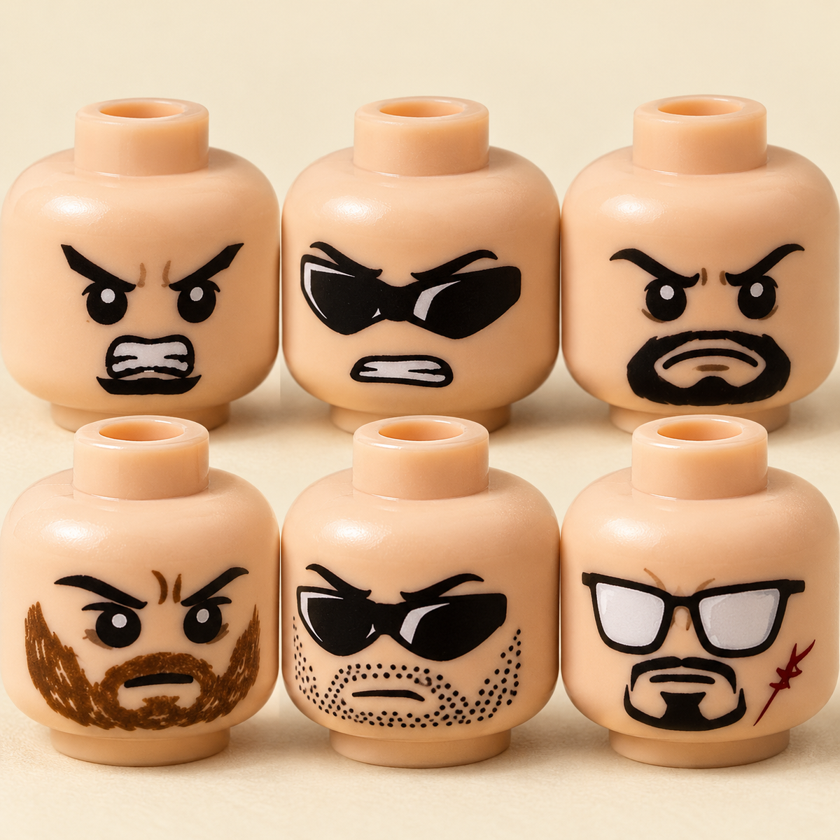 Different faces and printed glasses — Tattoo Art MOC Minifigure Set — 6 Figures