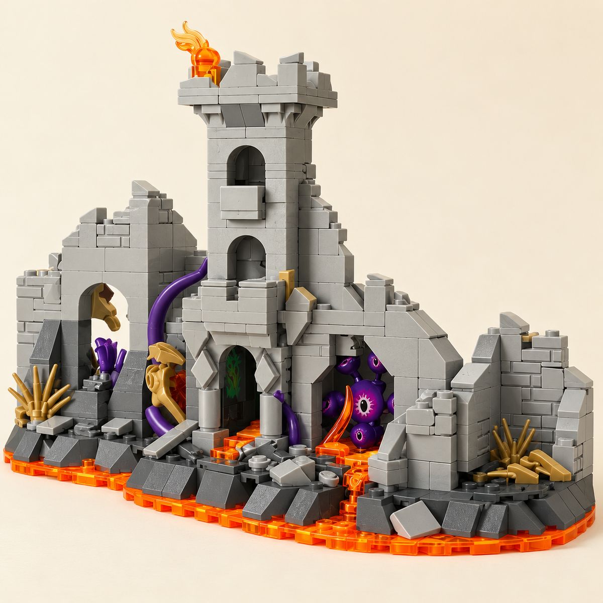 Gray ruined castle walls — Dragon & Castle Ruins MOC Battle Set — 5 Guard Figures