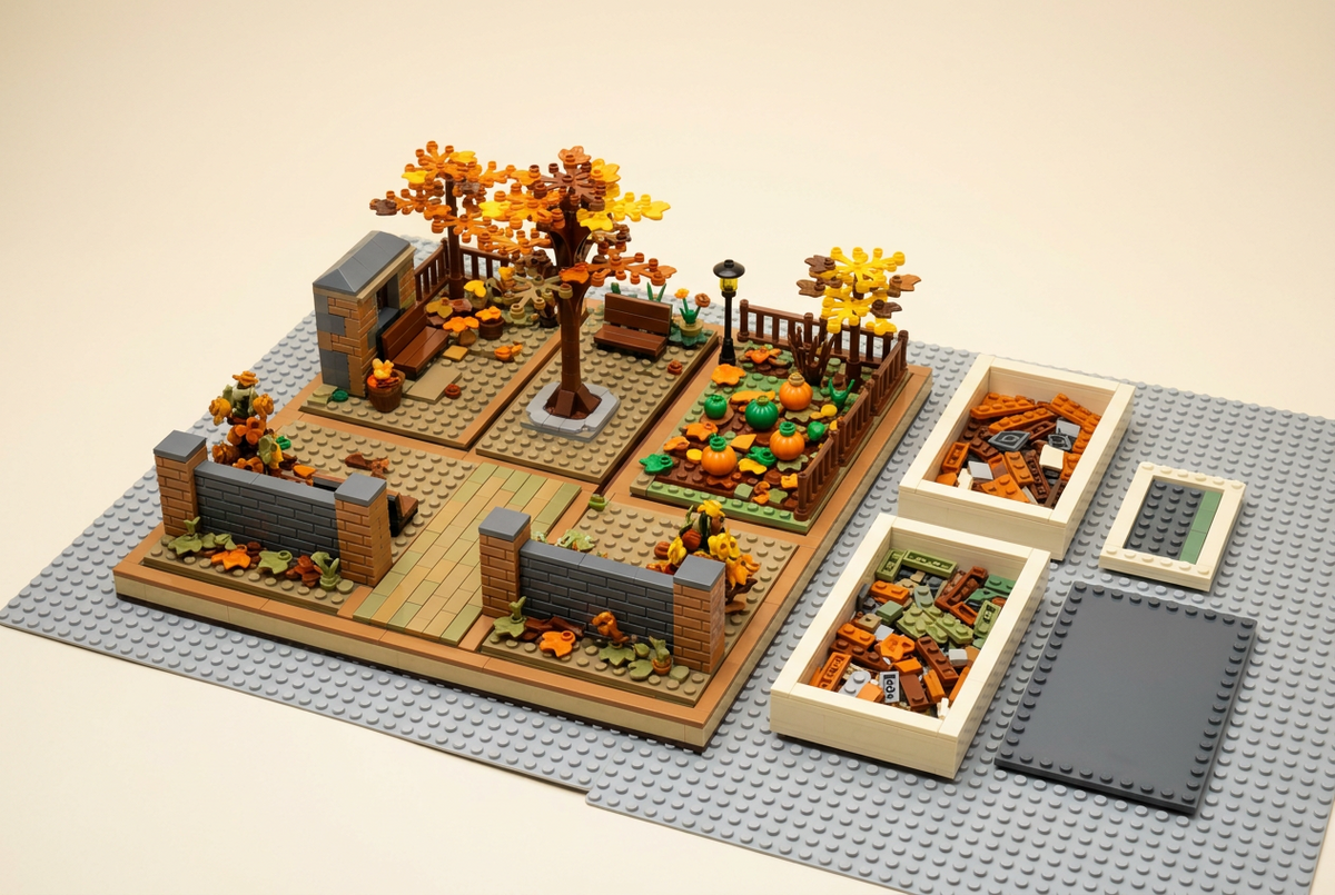 Brick-built autumn courtyard with pumpkins beside open sorting trays and blank map tiles