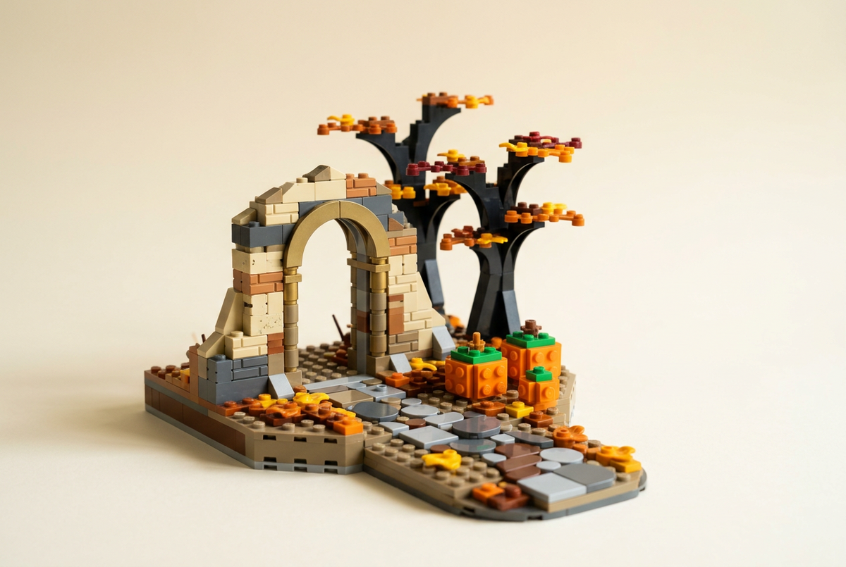 Brick-built autumn ruins, pumpkins and a winding path in a Halloween landscape