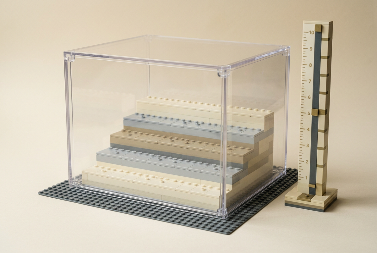 Brick-built empty display risers inside a clear case with a brick measurement guide