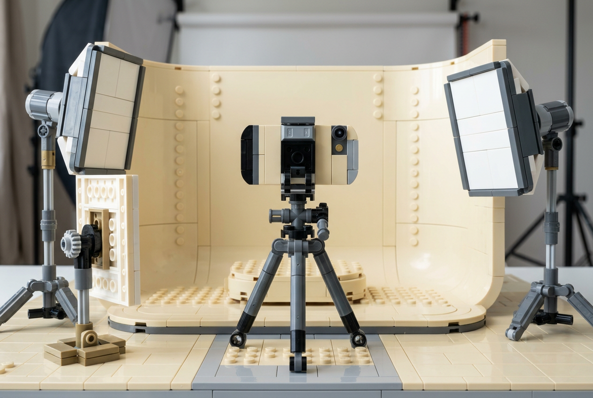 Brick-built phone on a tripod aimed at an empty ivory photography backdrop
