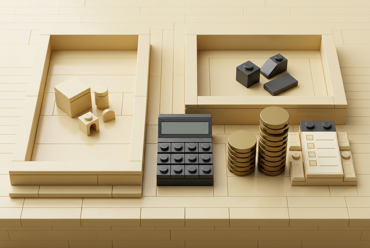 Two brick-built parcel trays beside a brick calculator and coin stacks on a warm ivory table