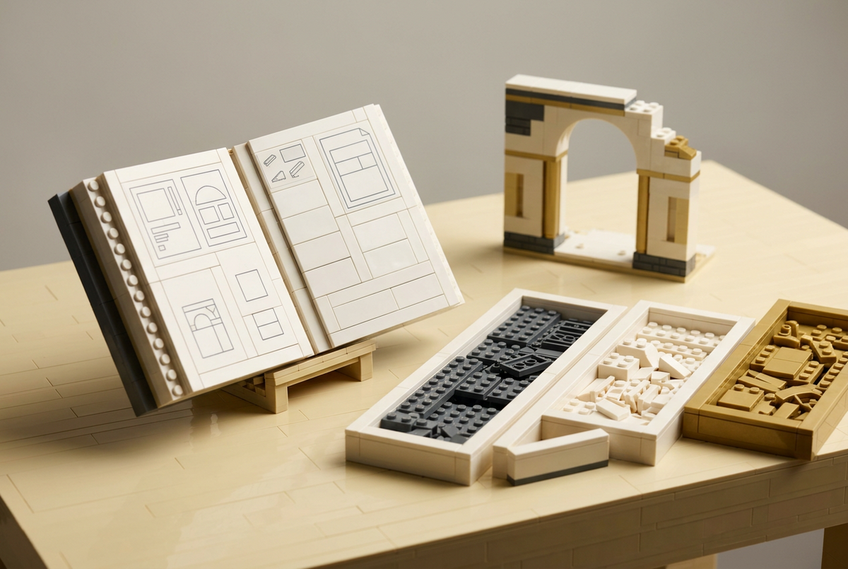 Brick-built instruction booklet, sorting trays and an unfinished arch representing a MOC parts plan