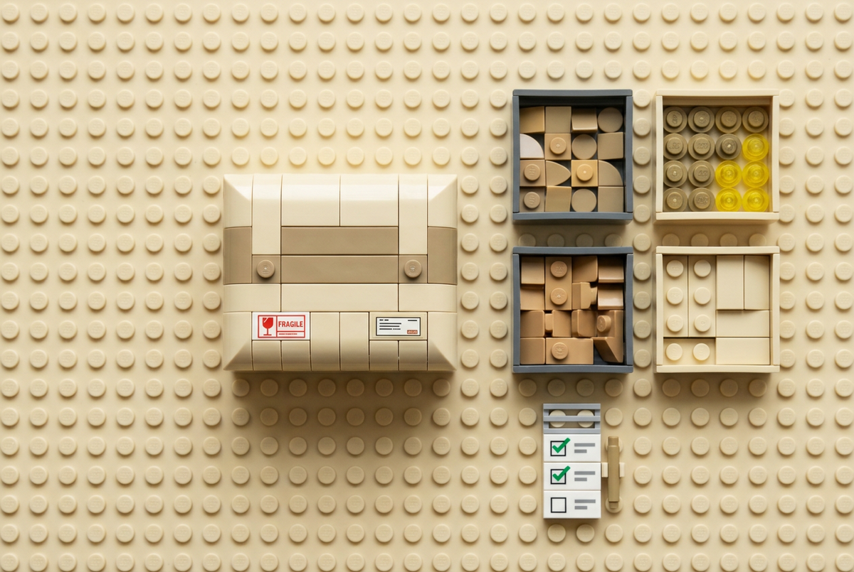 Brick-built parcel, sorting trays and checklist for planning an arrival check