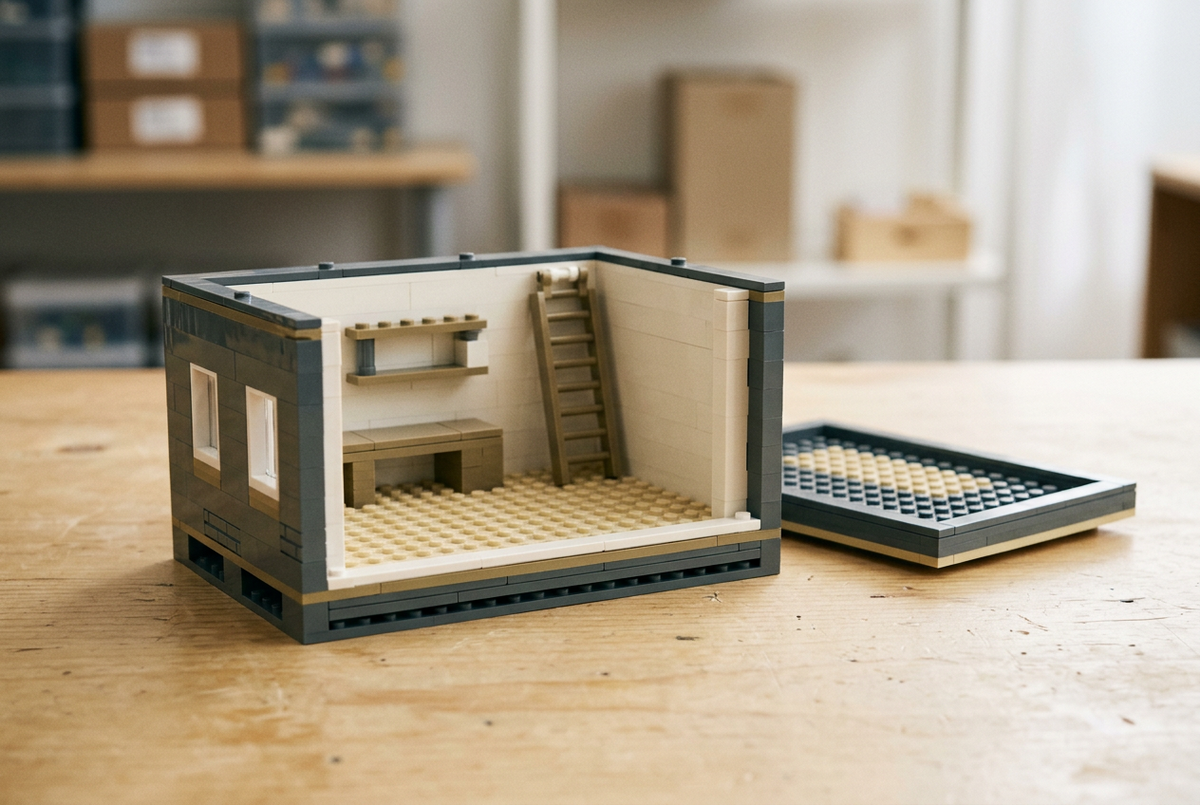 Open-backed brick-built study with an empty desk, shelf and a removable roof beside the room