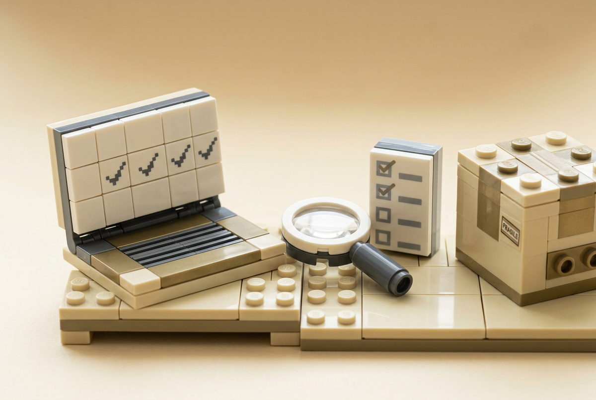 Brick-built laptop, magnifying glass and checklist for evaluating a store