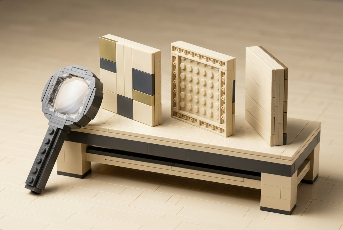 Brick-built inspection bench with front, back and side sample panels and a stylized brick magnifying lens