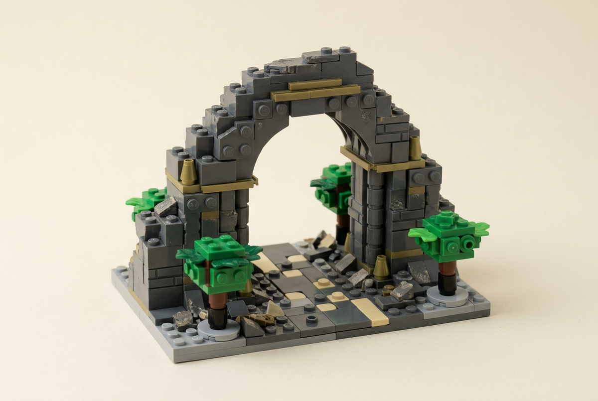 Brick-built charcoal ruined arch with a tiled pathway and small green trees