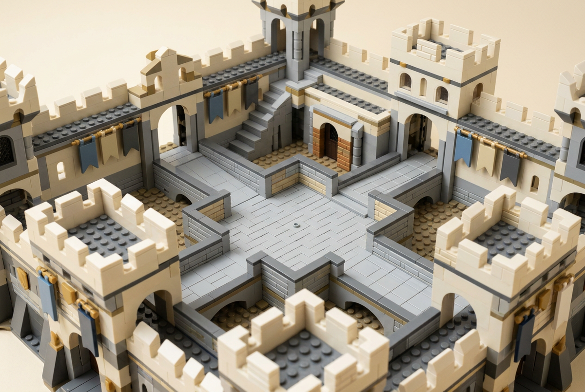 Brick-built medieval castle courtyard with open paths and muted banners
