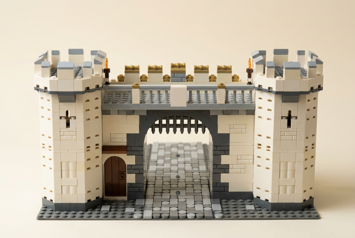 Brick-built broad medieval castle gate and road for planning an escort scene