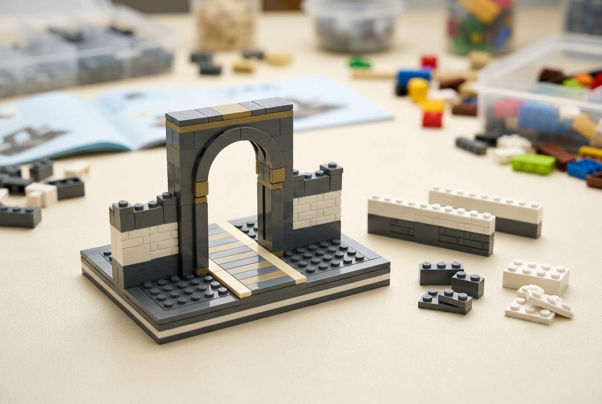 Compact brick-built castle gate with a short path, low wall trials and spare bricks beside its base