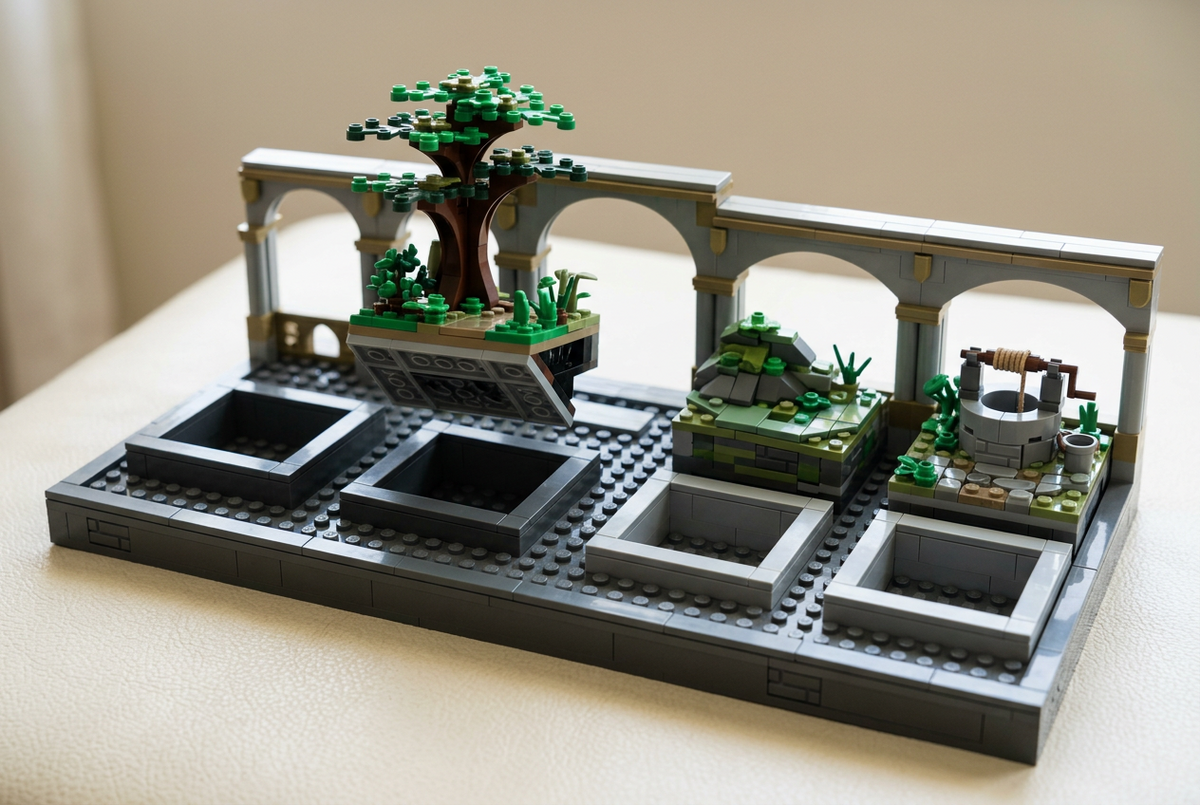 Brick-built courtyard with removable rock, tree and well terrain panels beside their openings