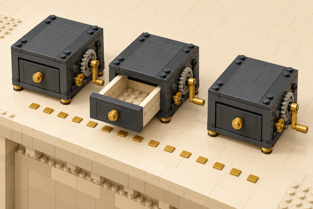 Three conceptual brick-built drawer modules show closed, extended and closed states beside hand cranks and clearance markers