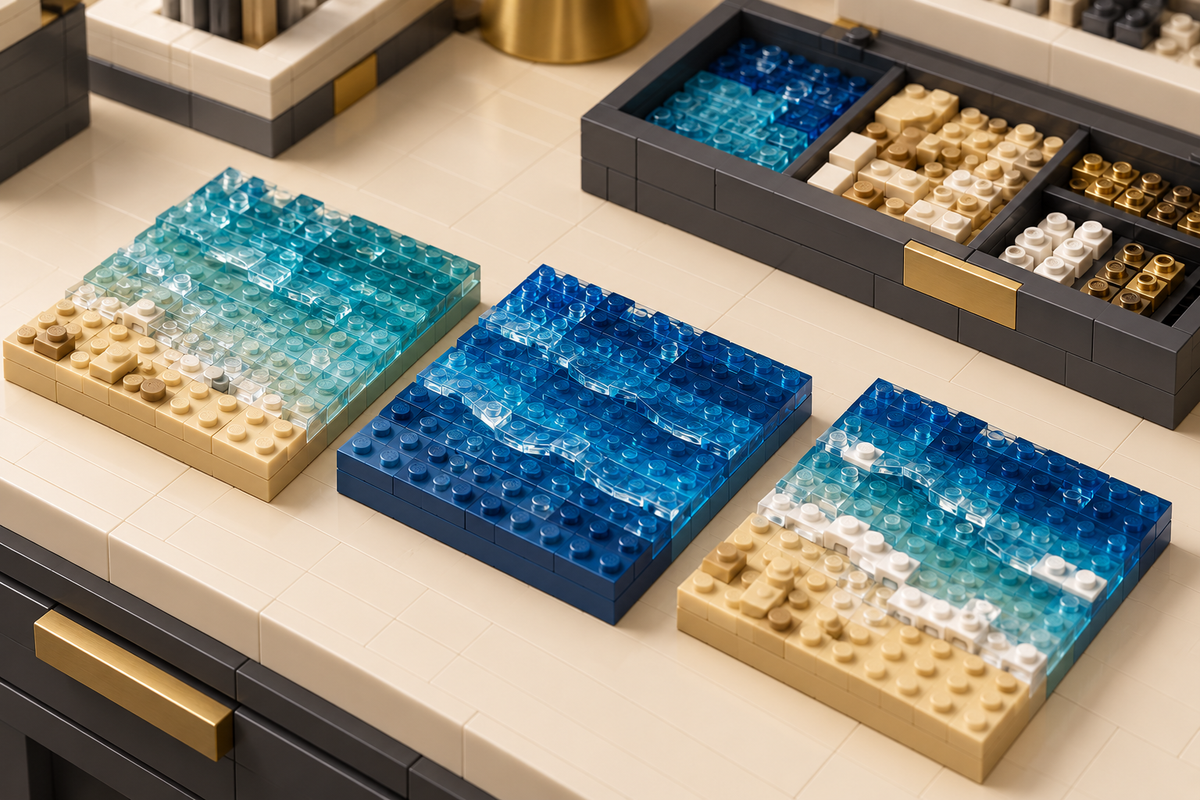 Three brick-built water test tiles compare pale aqua, deep blue and a sandy shoreline with white foam accents