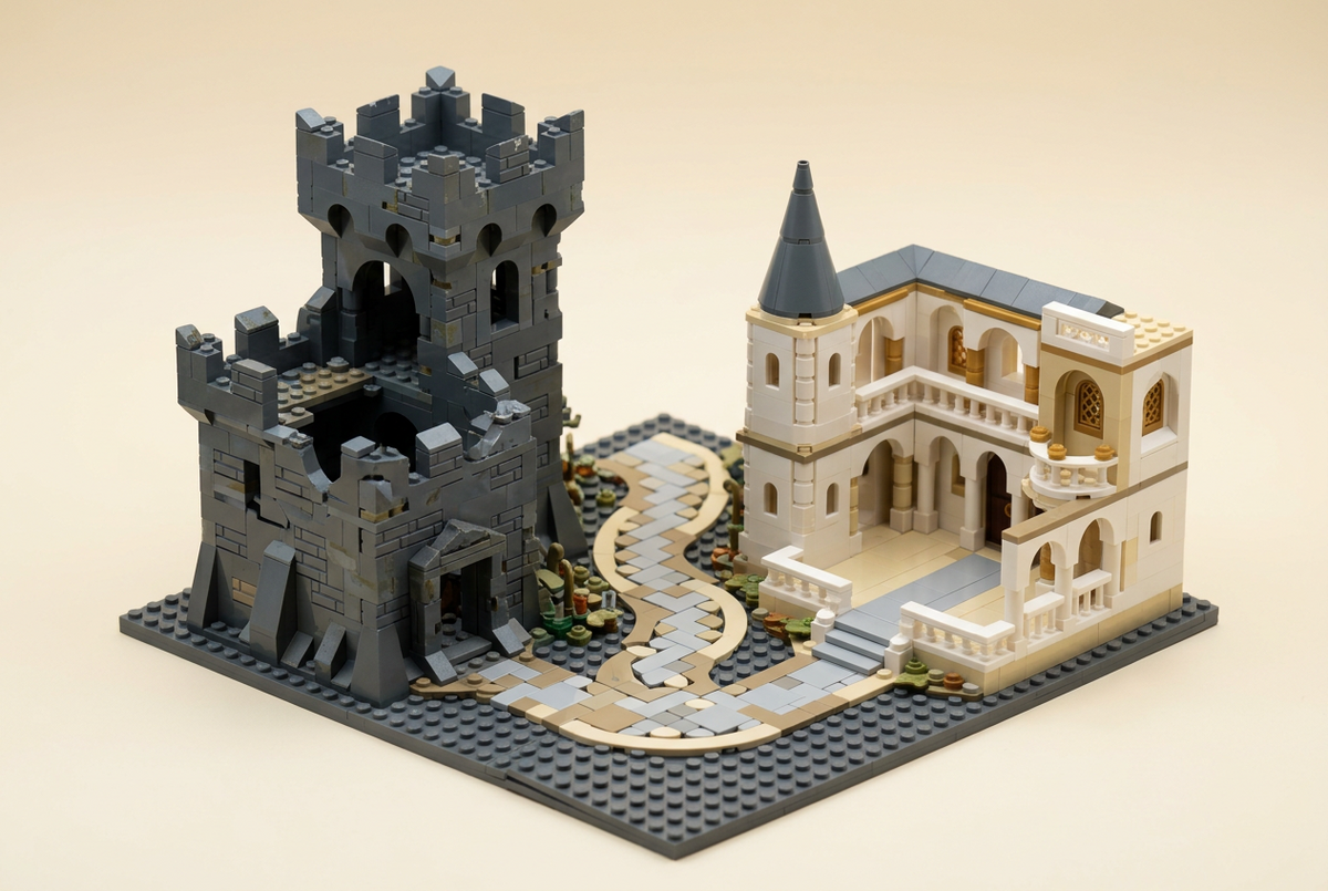 Brick-built two contrasting fantasy environments joined by an open winding path