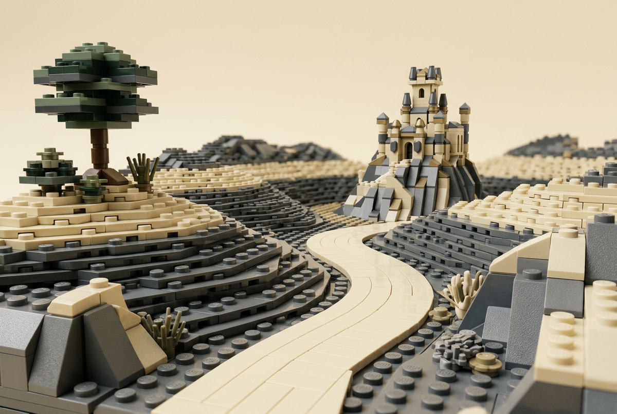 Brick-built empty fantasy valley with a winding stone path and distant castle