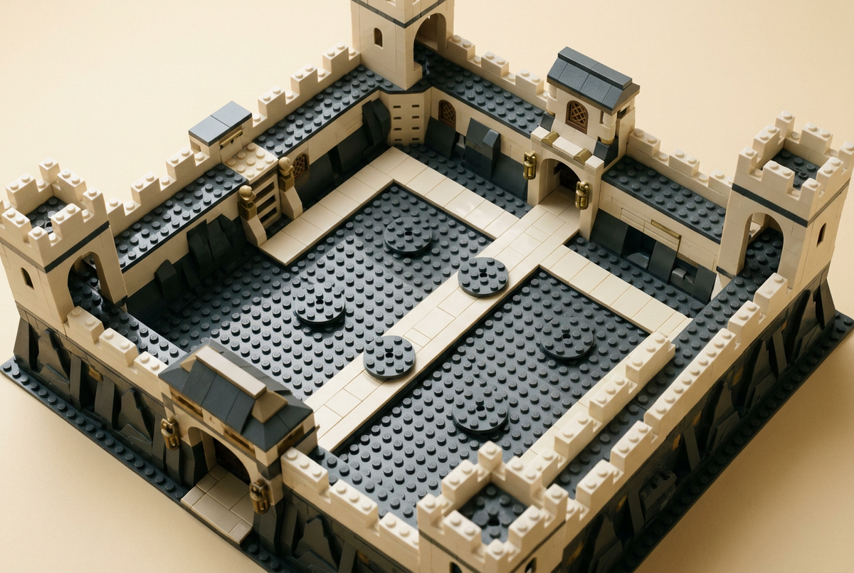 Brick-built fortress courtyard with staggered circular placement markers