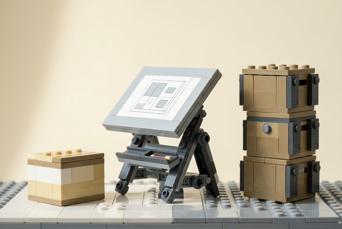 Brick-built plain parcel, design paper and stacked cartons representing buying routes