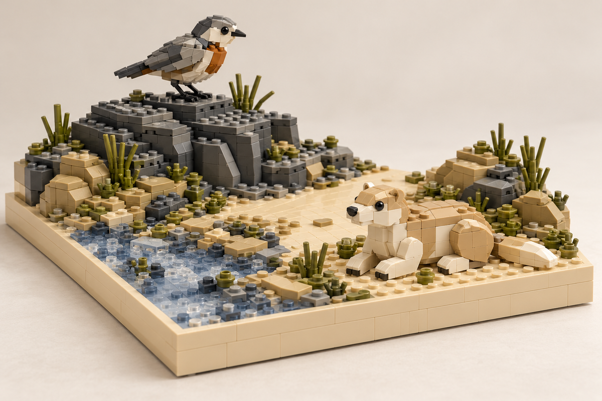 Brick-built bird on a rocky ledge and a tan animal beside low plants, a water edge and an open viewing gap