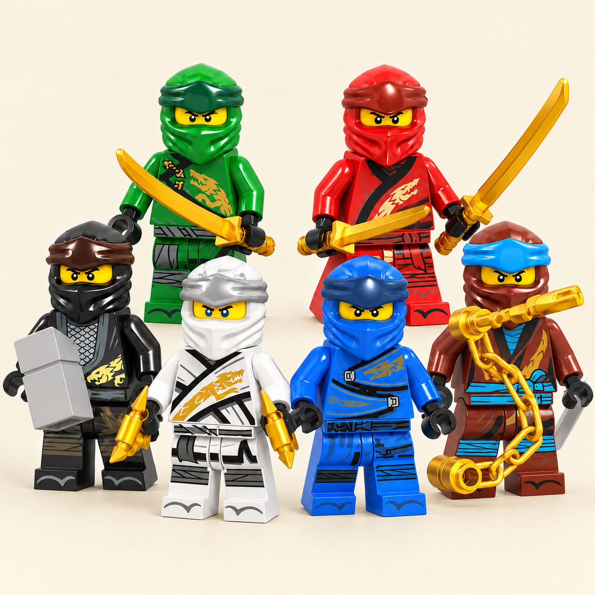 Ninja Teams & Riders — six masked toy ninjas on ivory paper