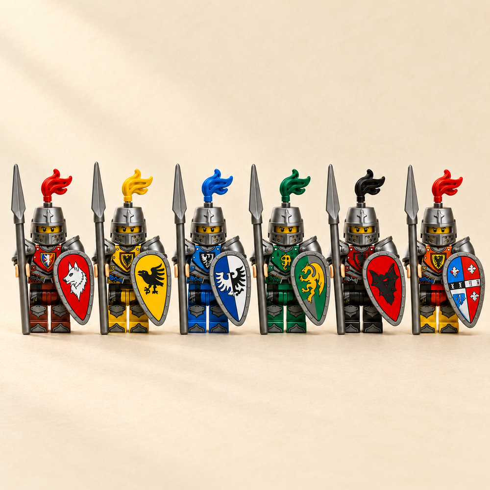 Minifigures — six medieval knights on ivory paper