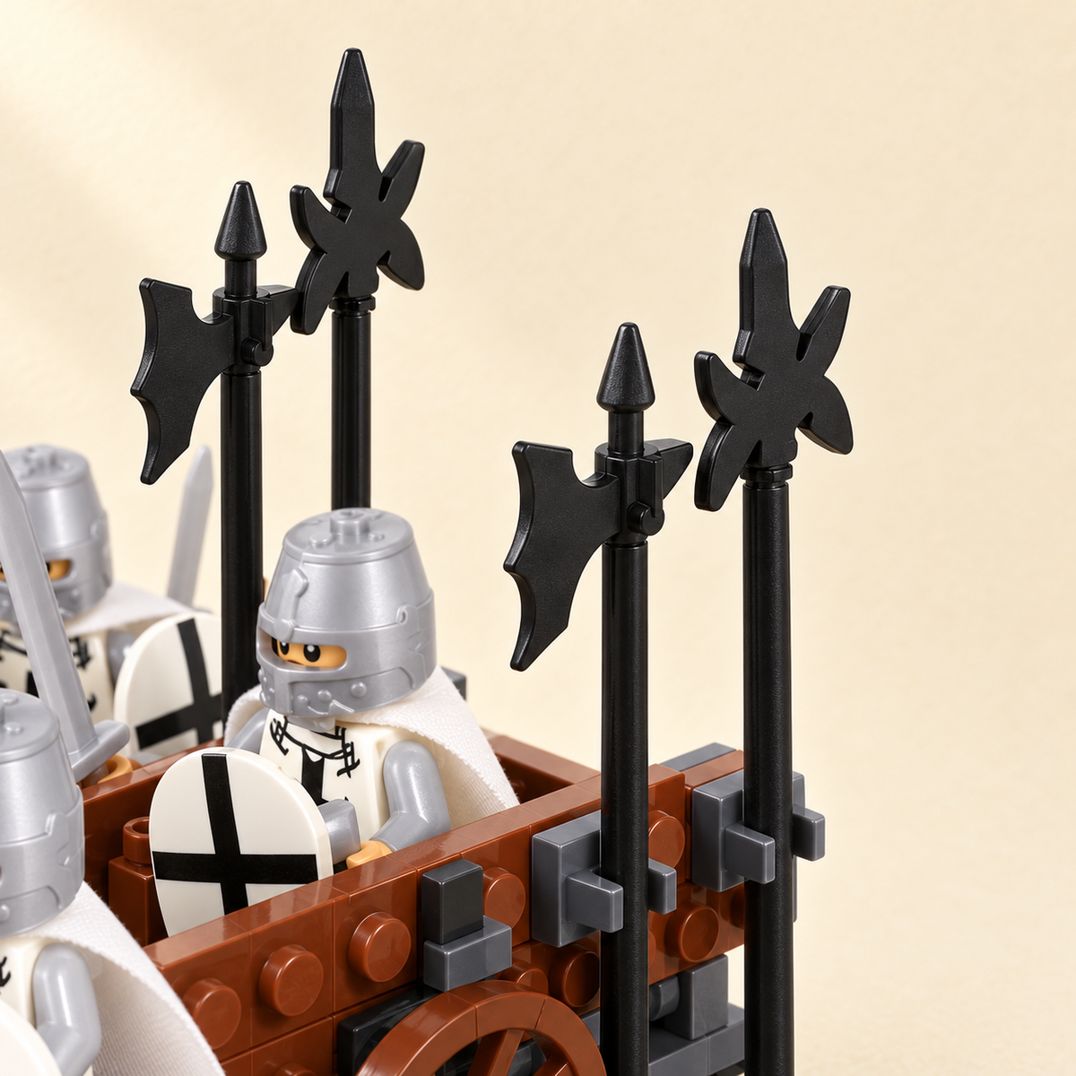Black polearm shapes — White Knight Wagon MOC Display Set — 12 Figures
