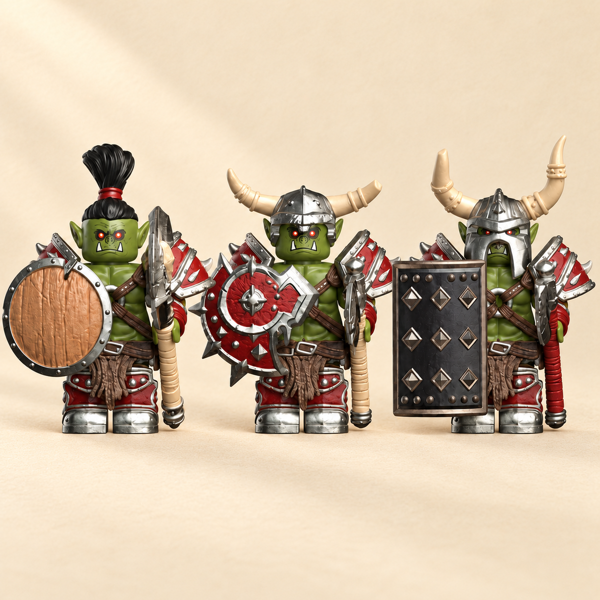 Three green orc designs — Orc Warrior MOC Minifigure Set — 6 Figures