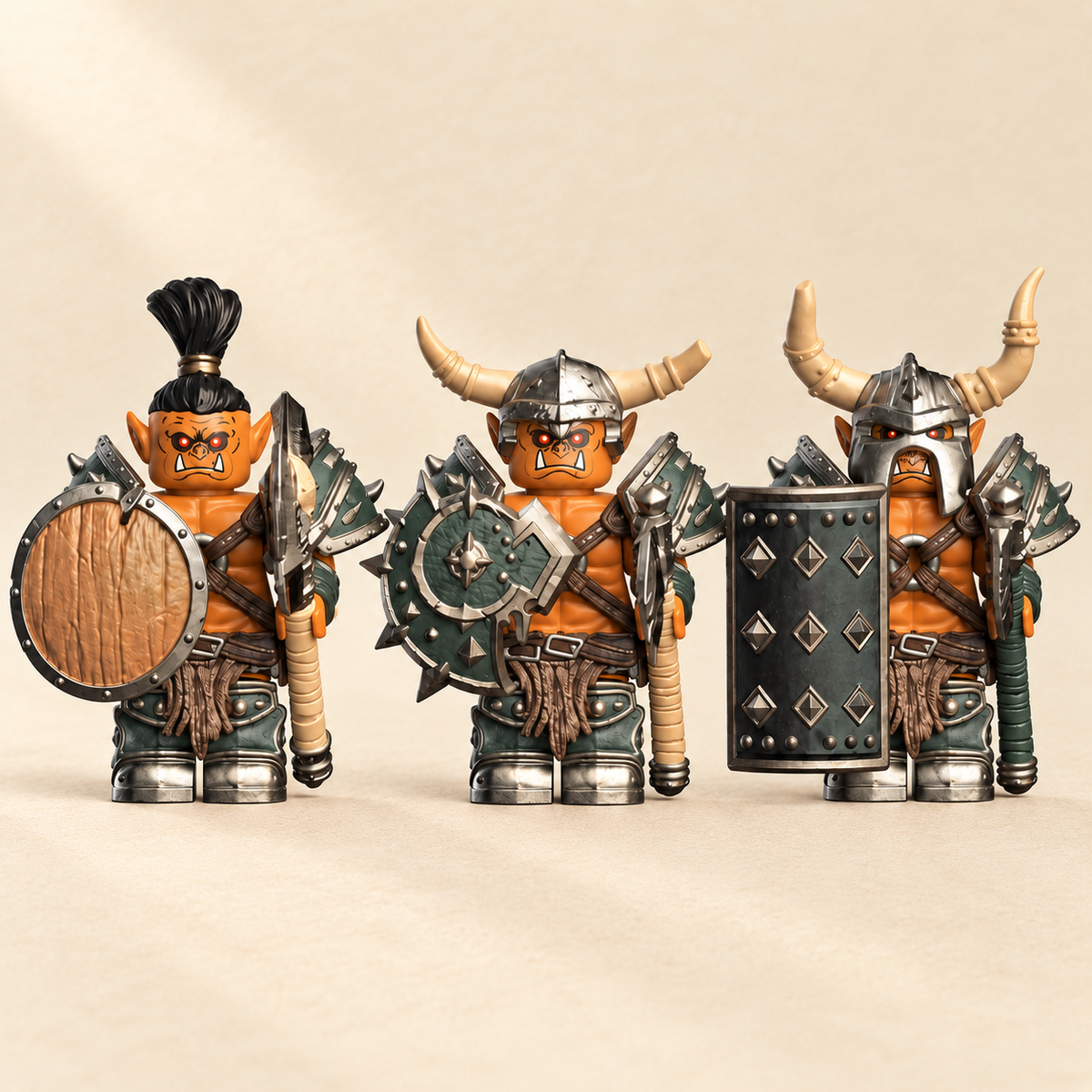 Three orange orc designs — Orc Warrior MOC Minifigure Set — 6 Figures