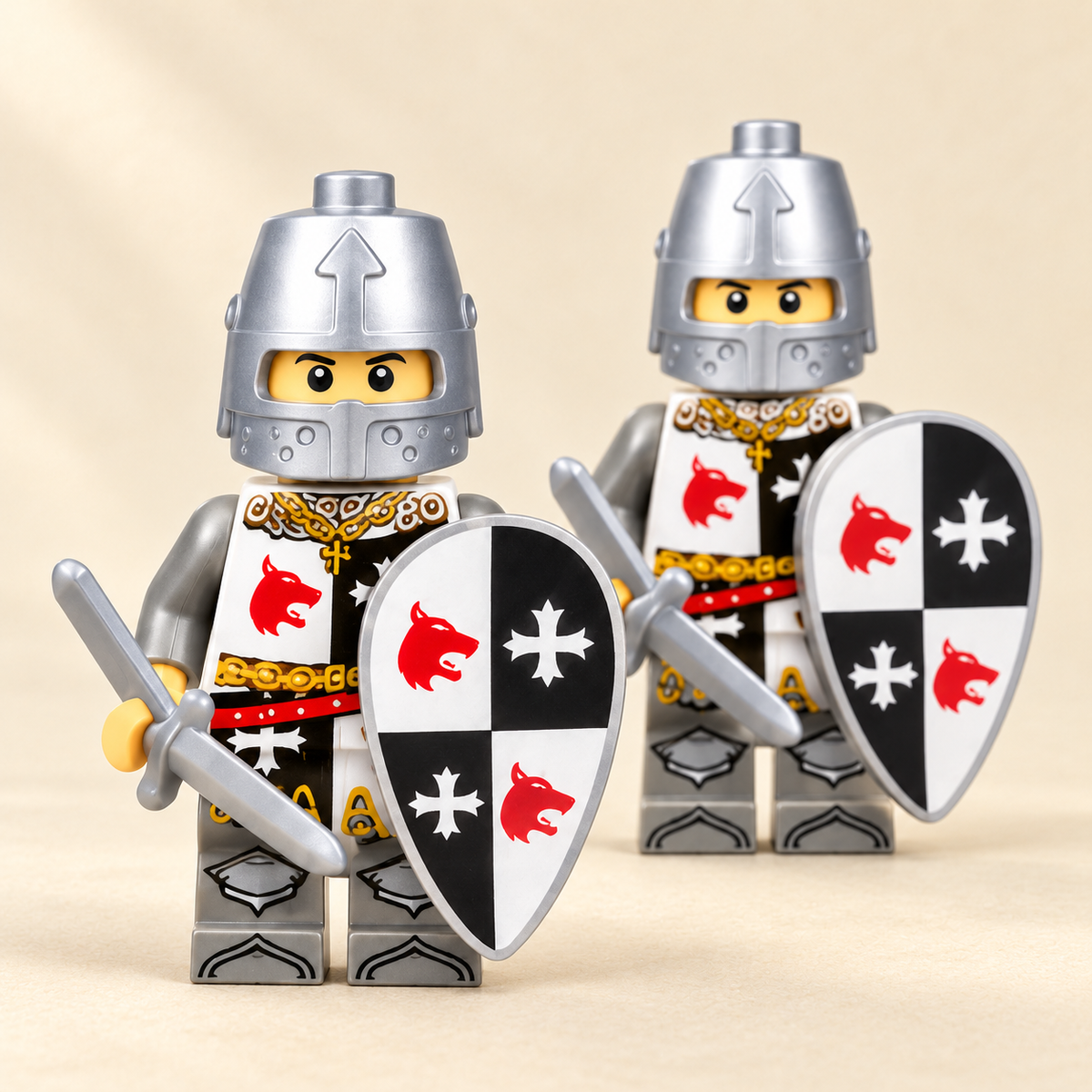Red and black heraldic shields — Medieval Soldier MOC Minifigure Set — 24 Figures