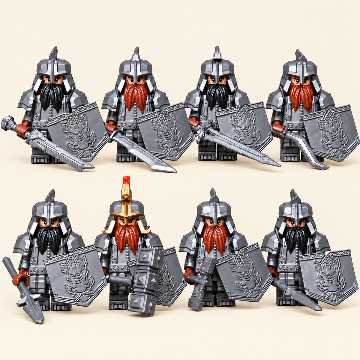 Eight dwarf warriors together — Dwarf Warrior MOC Minifigure Set — 8 Figures