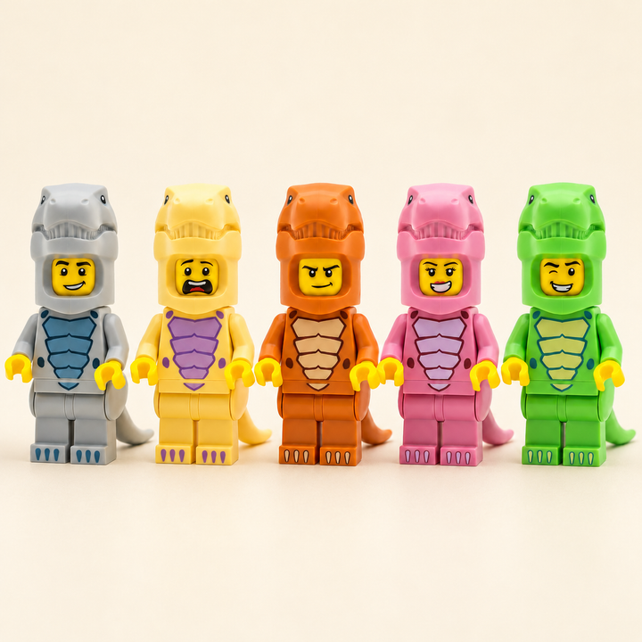 T-Rex Costume MOC Minifigure Set — 5 Figures