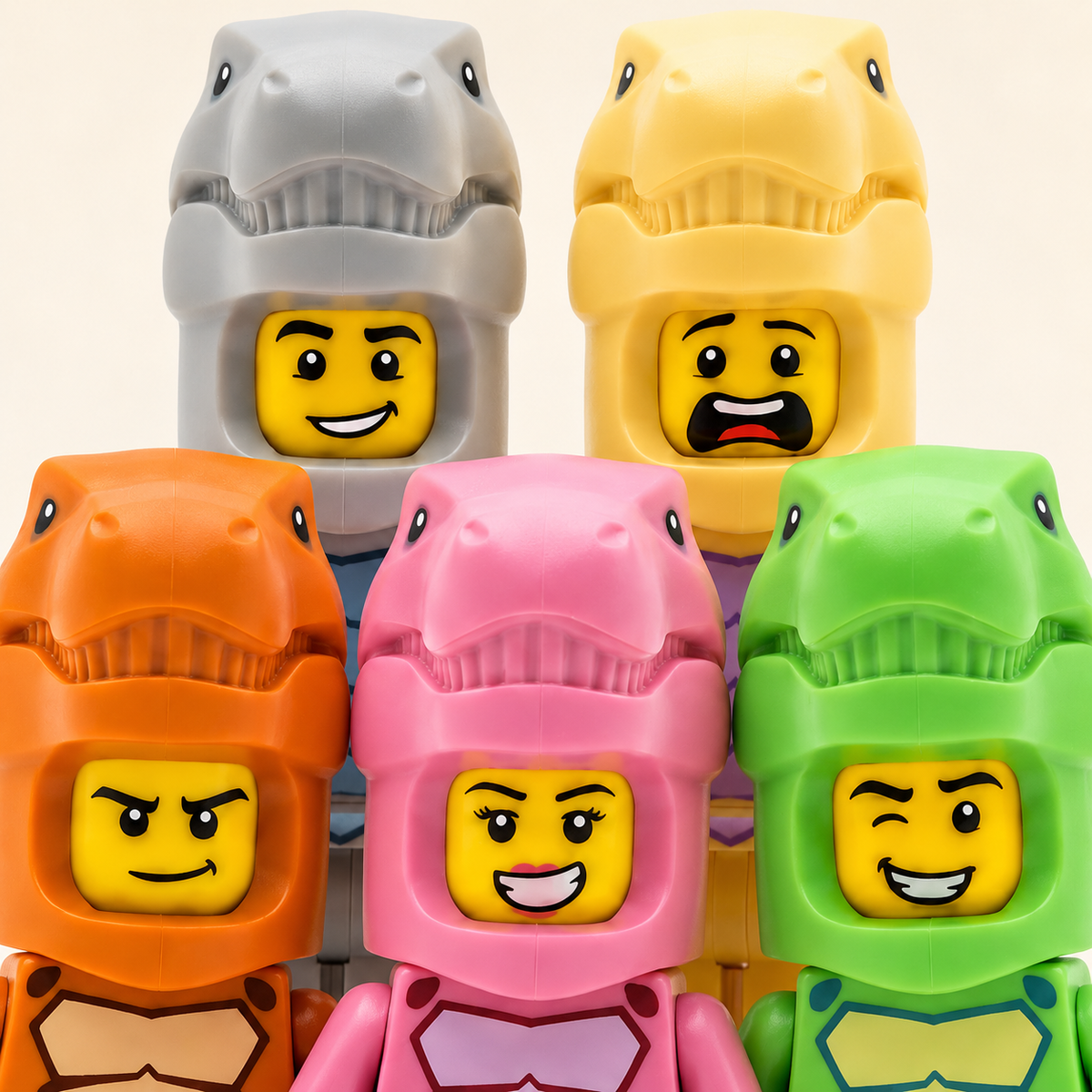 Different printed face expressions — T-Rex Costume MOC Minifigure Set — 5 Figures