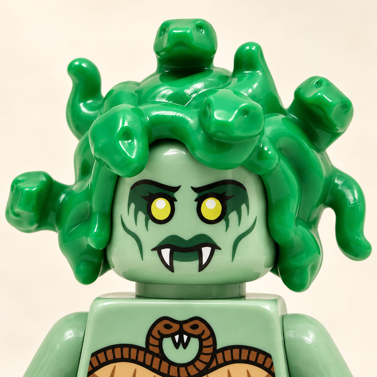 Fanged face printing — Green Snake-Haired Gorgon MOC Minifigure