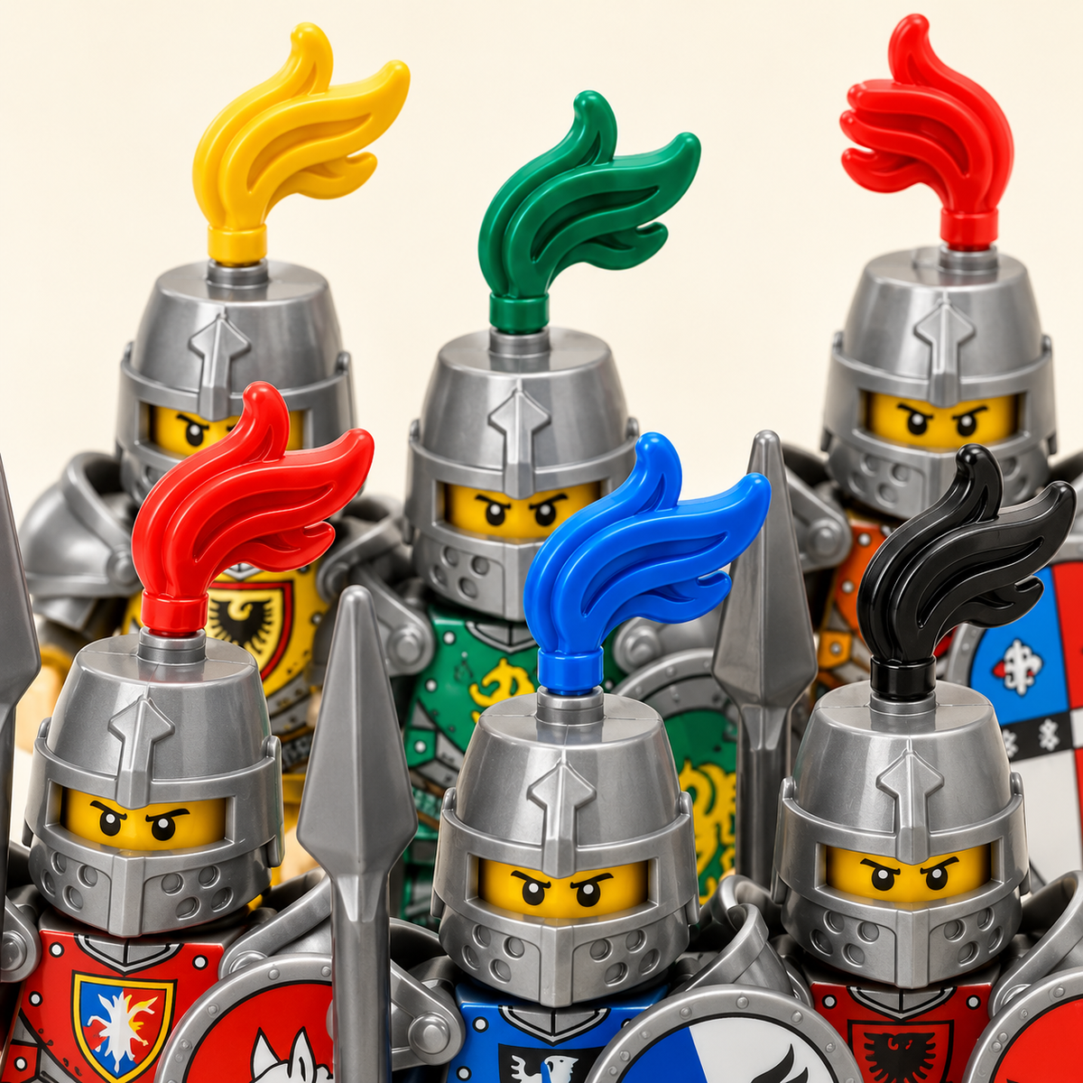 Colorful helmet plumes — Knight & Dragon Warrior MOC Minifigure Set — 10 Figures