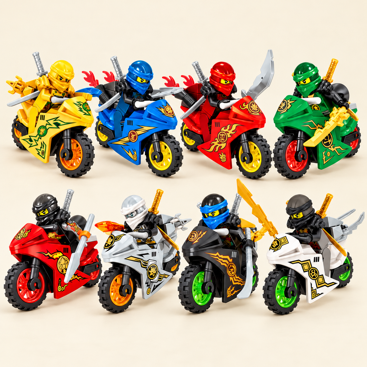 Eight riders and eight bikes — Ninja Riders & Motorcycles MOC Set — 8 Figures & 8 Bikes